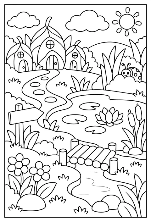 A map of Bug Meadow with a leaf city, a puddle lake, a log bridge and a hidden ladybug coloring page