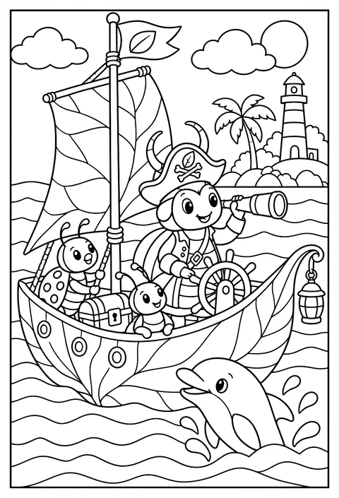 A bug pirate ship made of a leaf with a beetle captain coloring page
