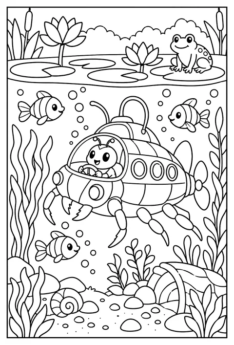 A water beetle submarine in a pond coloring page