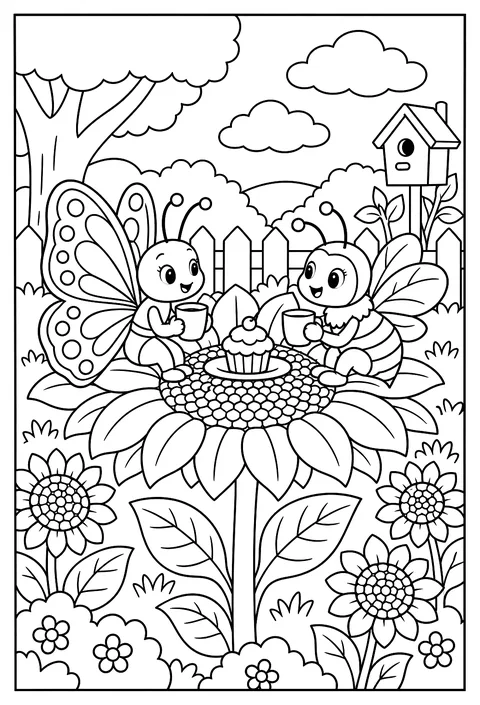 A butterfly and a bee sharing a giant sunflower like a table coloring page
