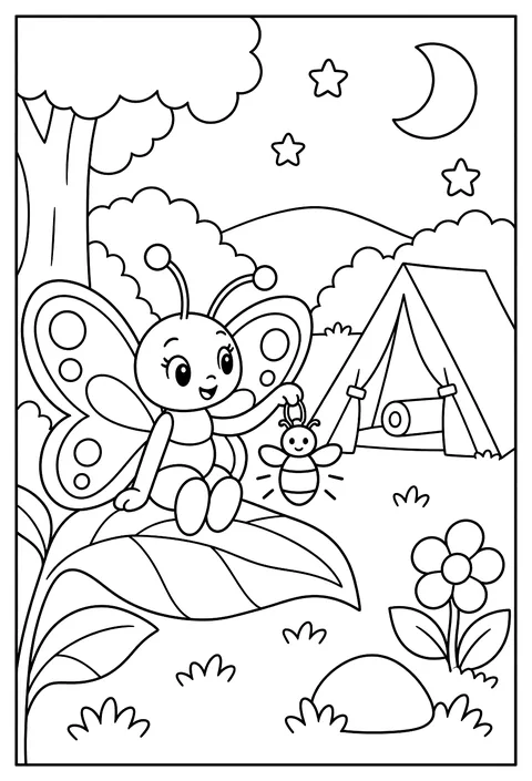 A butterfly camping on a leaf with a firefly lantern coloring page