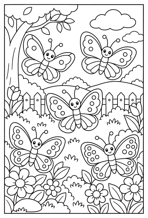 Count-and-color: five butterflies with 1 to 5 dots on each wing coloring page