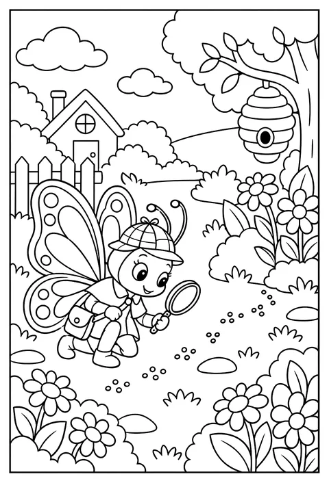 A butterfly detective following a trail of pollen coloring page
