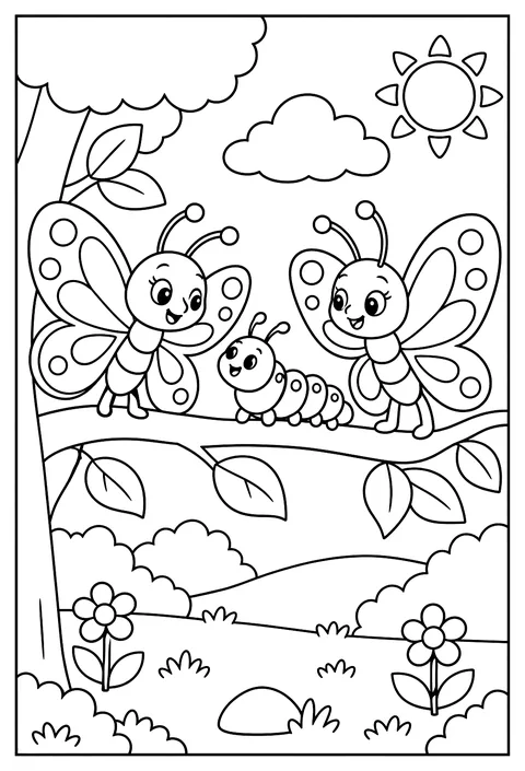 A butterfly family on a branch, baby caterpillar included coloring page