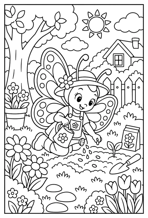 A butterfly gardener planting seeds with a tiny watering can coloring page