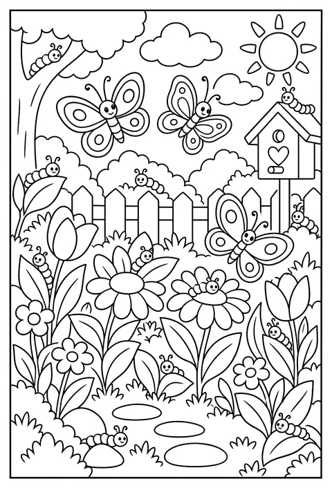 Hidden-object page: a butterfly garden with 12 hidden caterpillars coloring page