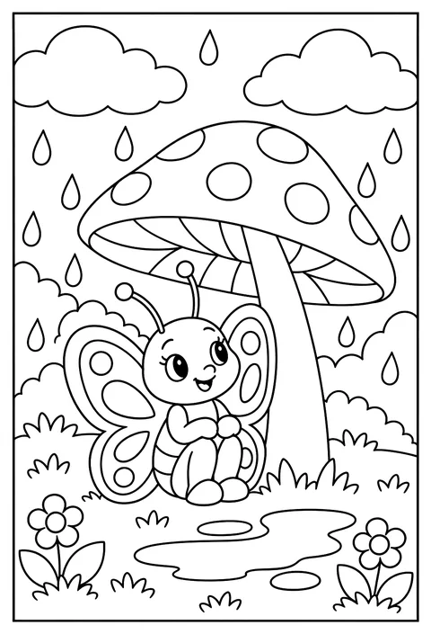 A butterfly in the rain hiding under a mushroom umbrella coloring page