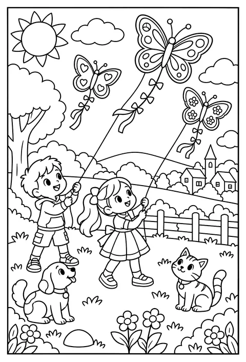 A butterfly kite festival: kids flying butterfly-shaped kites coloring page
