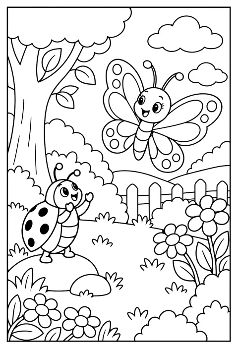 A butterfly learning to fly with a ladybug cheering coloring page