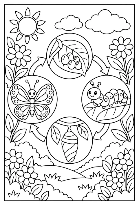 A butterfly life cycle wheel coloring page