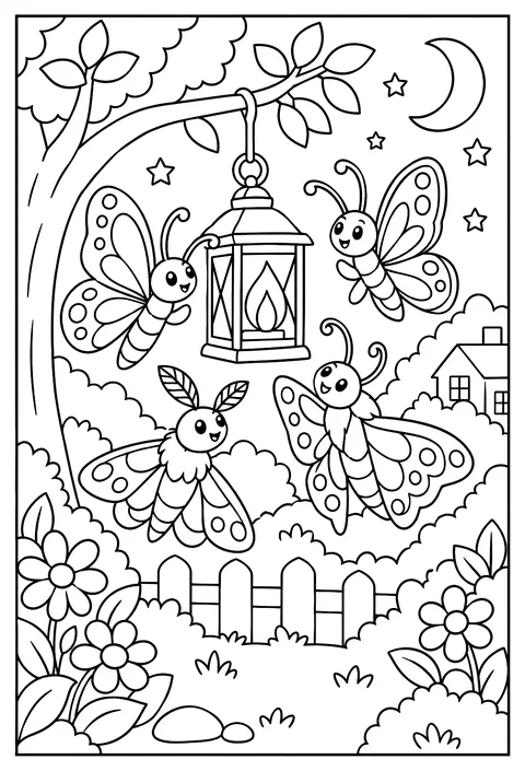 A butterfly night scene coloring page