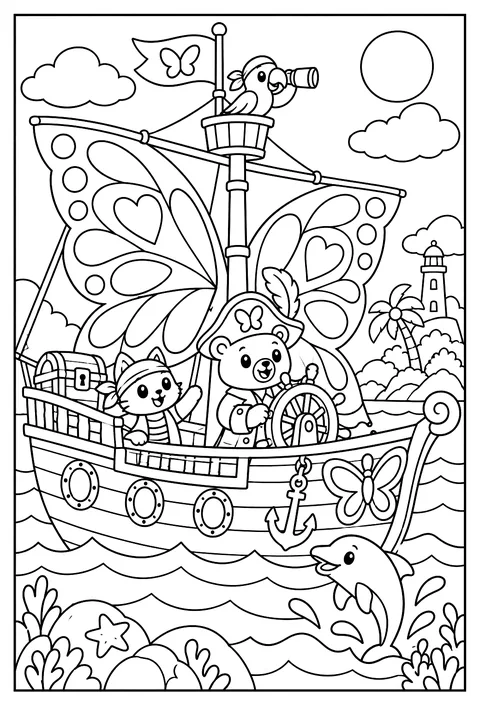 A butterfly pirate ship with sails shaped like wings coloring page
