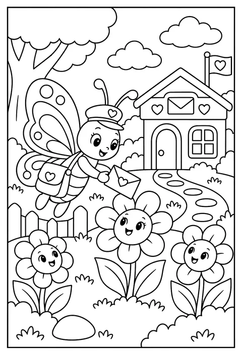 A butterfly post office delivering pollen letters to flowers coloring page