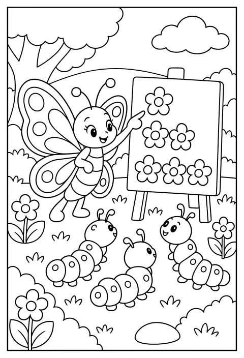 A butterfly teaching caterpillars to count flower petals coloring page