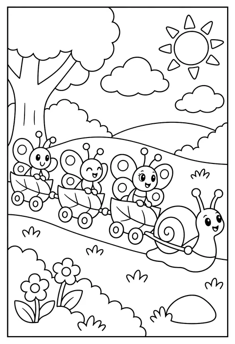 A butterfly train made of leaves pulled by a snail coloring page