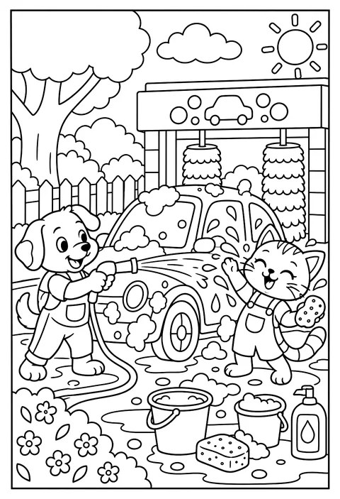 A cat and a dog running a car wash, spraying each other coloring page