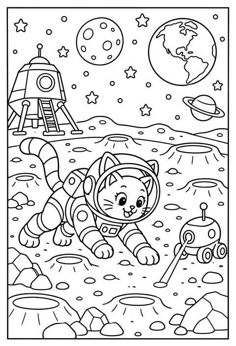 A cat astronaut chasing a laser dot across the surface of the moon coloring page