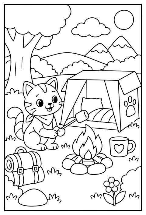 A cat camping trip, the tent is a cardboard box coloring page