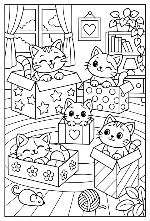 Count-and-color: five cats in five boxes of different sizes coloring page