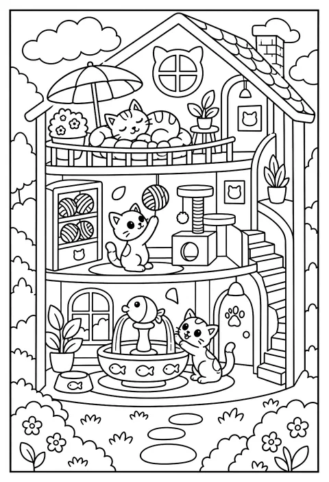 Cutaway of a cat's dream house coloring page