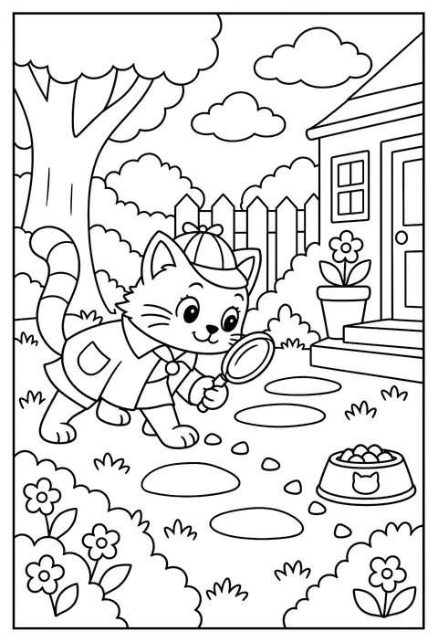 A cat detective with a tiny hat following a trail of kibble coloring page