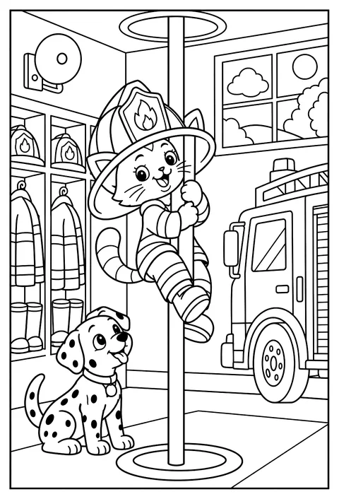 A cat firefighter sliding down a pole with a helmet too big coloring page