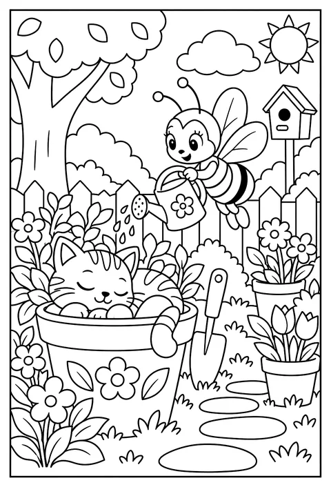 A cat gardener sleeping in a flower pot while a bee waters the plants coloring page