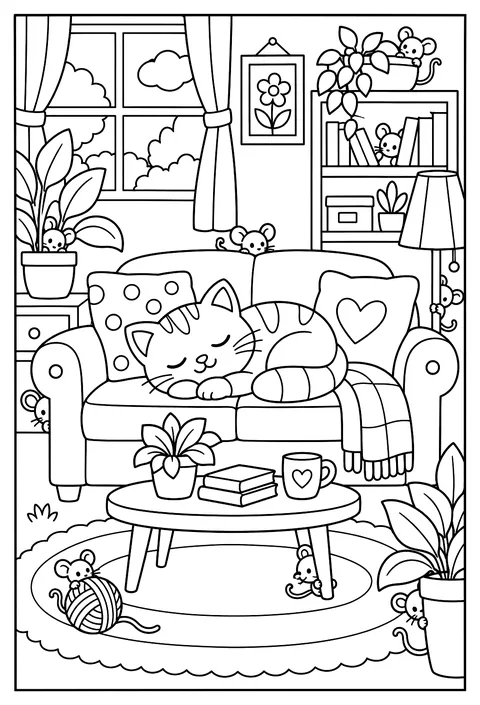 Hidden-object page: a sleeping cat on a couch with 10 hidden mice coloring page