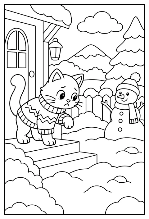 A cat in a snow scene wearing a knitted sweater, refusing to step in the snow coloring page