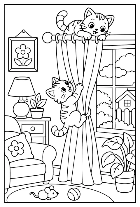 A kitten learning to climb a curtain, another already at the top coloring page
