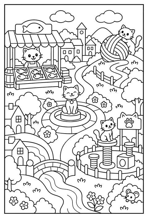 A map of Cat Town with a fish market, a yarn hill, a scratching post park and a hidden mouse coloring page