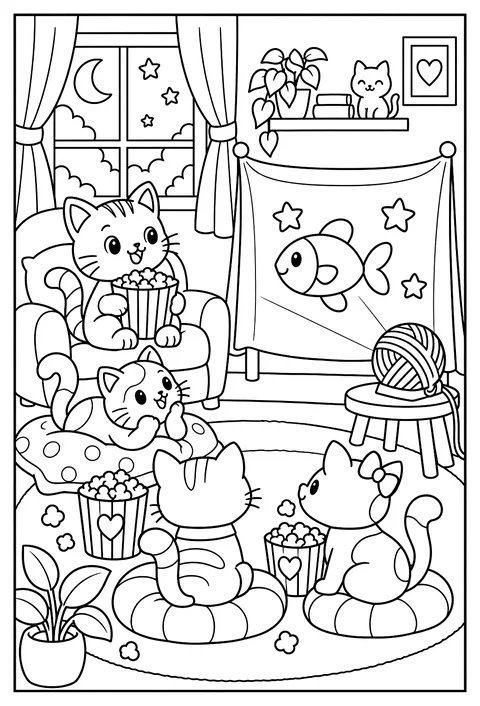 A cat movie night with popcorn and a yarn-ball projector coloring page