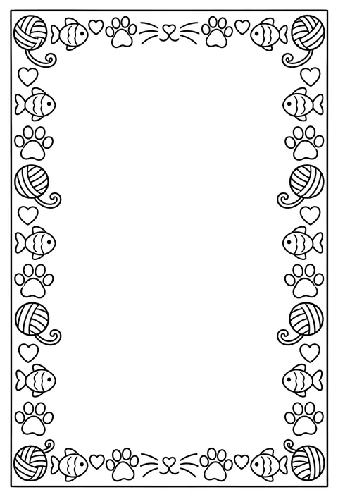 A page-border pattern of paw prints, fish, yarn balls and whiskers around an empty frame coloring page