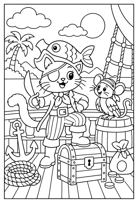 A cat pirate with a fish-shaped hat and a parrot that is actually a mouse coloring page