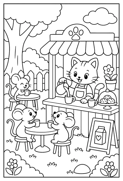 A cat running a tiny café where mice are the customers and the milk is free coloring page