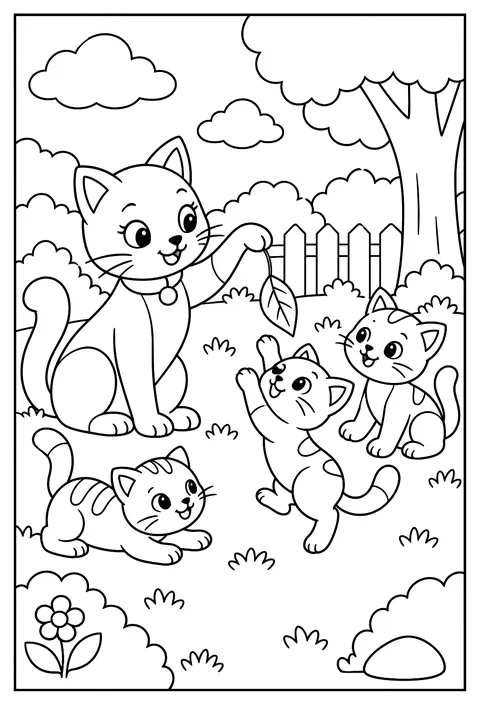 A cat teaching kittens to pounce on a leaf coloring page