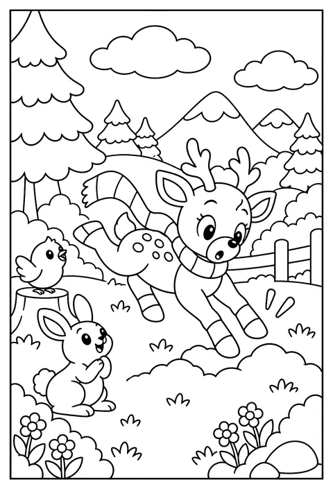 A baby reindeer learning to fly with a wobbly landing coloring page