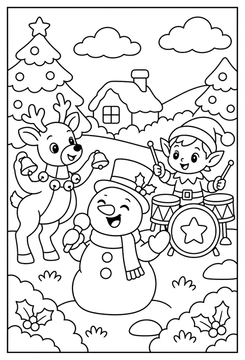 A Christmas band: reindeer bells, elf drums, a singing snowman coloring page