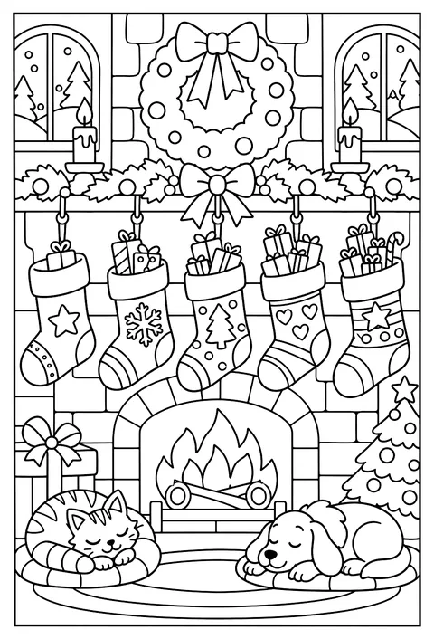 Count-and-color: five stockings with 1 to 5 gifts coloring page