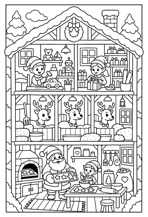 Cutaway of Santa's workshop coloring page