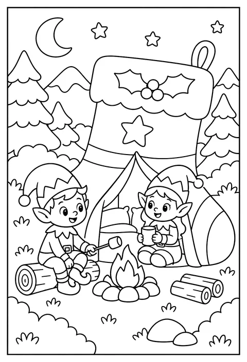 Elves camping in a giant stocking coloring page