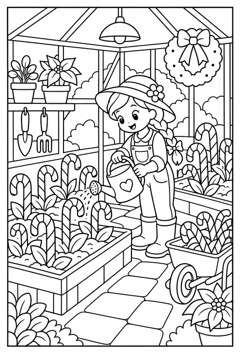 A gardener growing candy canes in a greenhouse coloring page