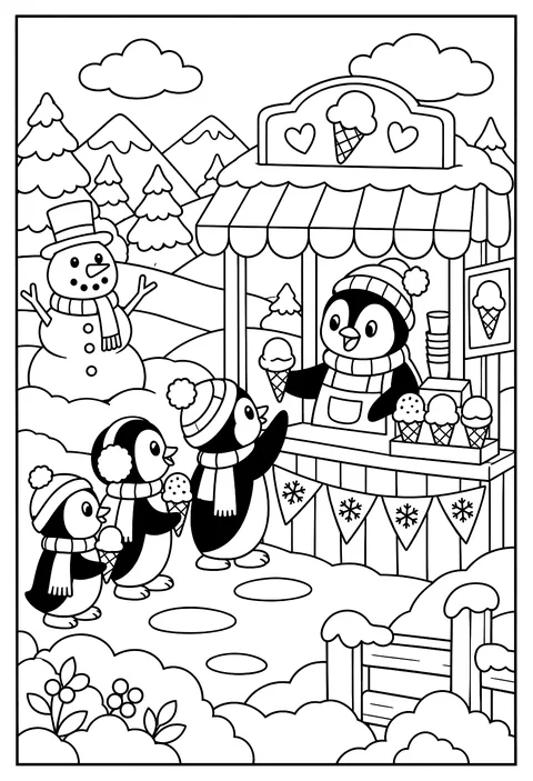 An ice-cream stand in the snow run by penguins coloring page