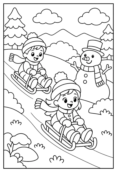 Kids sledding down a hill past a snowman with a scarf coloring page