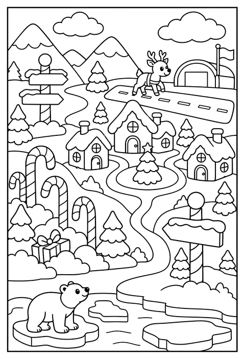 A map of the North Pole with an elf village, a reindeer runway, a candy cane forest and a hidden gift coloring page