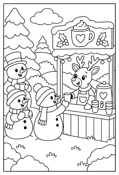 A reindeer running a hot-cocoa stand for snowmen coloring page