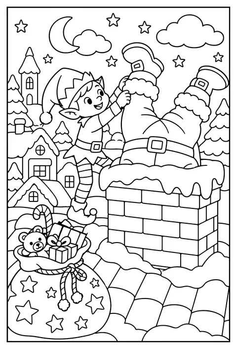 Santa stuck in a chimney with an elf pulling his boots coloring page