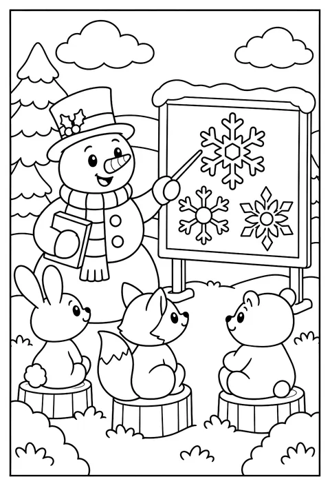 A snowman teacher with a lesson on snowflakes coloring page