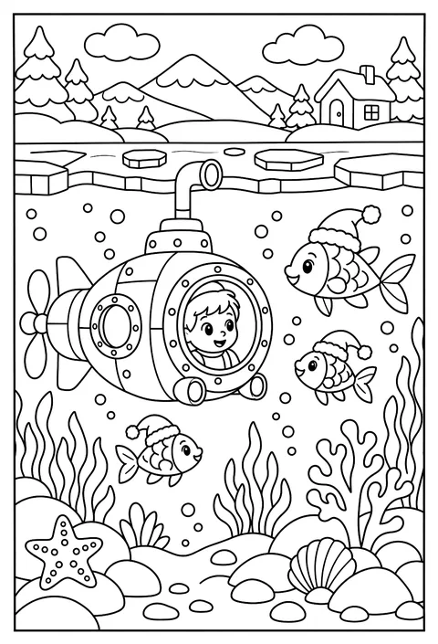 A submarine in a frozen lake seeing fish with Santa hats coloring page