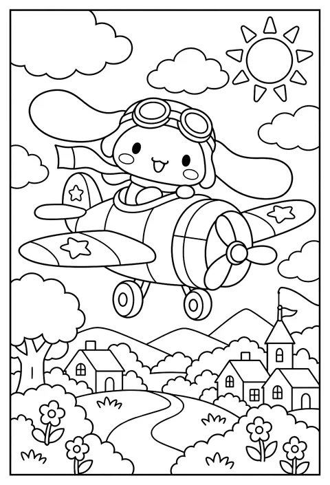 Cinnamoroll as a pilot in a small airplane with goggles coloring page
